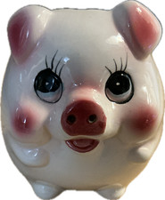Vintage White & Pink Ceramic Piggy Bank Anthropomorphic Kitsch WITH STOPPER picture