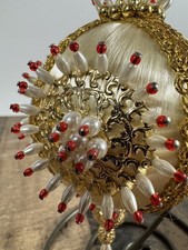 Vintage Beaded & Satin Push Pin Christmas Ornament - Red Gold Pearls Creme picture