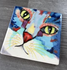Hand-Painted Colorful Cat Face Ceramic Art Tile Whimsical Abstract Decor 4x4 picture
