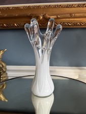 Vintage 9” Sculptural Splash Glass Vase Clear White Cased Organic Finger Design picture