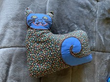 VTG 70's Hand Made Stuffed Fabric Flower Power Kitty Cat Blue Folk Art LARGE 11