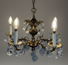 Vintage Spanish Style Ormolu Gilt Brass & Metal 5 Arm Chandelier Crystal Prisms picture