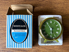 Vintage NOS Westclox Wind-Up Alarm Clock Avocado Green Metal Round MCM 1970 BOX picture