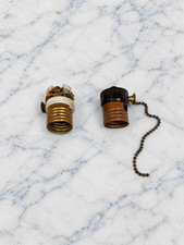 2 Vintage Lamp Light Sockets Pull Chain Bakelite Porcelain Brass Parts Repair picture