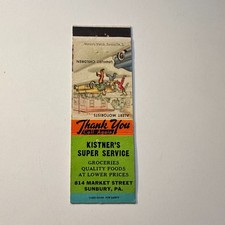 Kistner's Super Service Groceries Sunbury PA Vintage Matchbook Cover 5MB126-3-2 picture