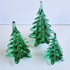 Vintage 1980's Chip-Free Green Art Glass Christmas Tree Set of Three Trees picture