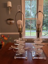VTG Pair Stacked Lucite Table Lamps MCM Post Modern Geometric Work picture