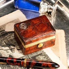 Exceptional Quality Antique Alligator Leather Edwardian English Desk Stamp Box picture