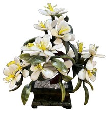 VTG Bonsai Tree Jade Pot Carved Semi Precious Stone Quartz Agate Flowers READ picture