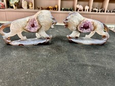 2.2LB Natural Agate Amethyst Geode Pair Lion Carving Crystal Sculpture Home Orn picture