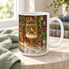 Cozy Cat Napping in Chair Coffee Mug 15oz Stained Glass Look - Library Birdcage picture