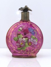 Vintage French Chanille No. 3 Pink Glass Perfume Bottle Hand Painted Floral picture