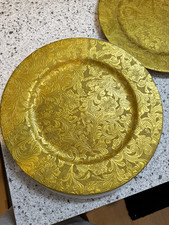 Set of 5 Gold 13” Charger Plates Embossed Floral Baroque Elegant Table Decor picture