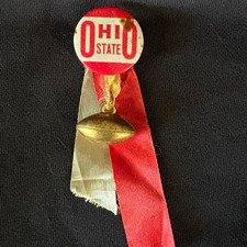 Vintage 1940s Ohio State Pinback Button w/ Red & White Ribbon and Football Charm picture