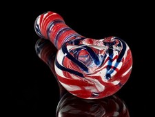 Glass Tobacco Hand Pipe Red White Blue Swirl Ribbon Art Glass picture