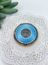 Vintage Blue Enamel Guilloche Compact Art Deco Make Up Vanity Decor Collectible picture