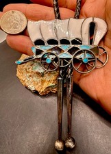Rare Early Zuni Handmade Sterling Turquoise MOP & Shell Conestoga Wagon Bolo Tie picture