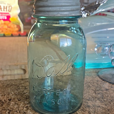 Ball Vintage Perfect Mason Blue Glass Quart Jar with Zinc Lid.  RARE #13 picture