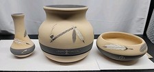 Vintage 3 Pieces 1984 Pottery pot Grey Feather signed picture