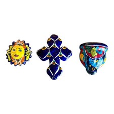 Vintage Mexican Talavera Pottery Wall Decor Lot Cross Sun Wall Pocket Folk Art picture