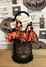 Vintage Style Retro Halloween BLACK CAT Bucket TREAT CAN & Candy Canes Handmade picture
