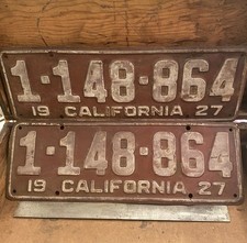Original 1927 California License Plate Pair – Matching – Early Pre-War Plates picture