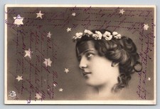 Vintage RPPC Woman with Floral Wreath & Stars German Postcard c.1908 picture