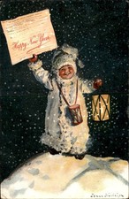 New Year's Little Boy on Snow Pile Lantern Falling Snow Jenny Nystrom Postcard picture