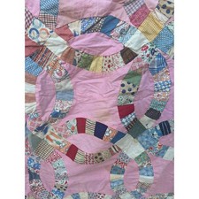 1930'S/40'S ANTIQUE PINK DOUBLE WEDDING RING QUILT TOP 65 X 85 picture