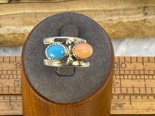 Rita Dawes Navajo Sterling Silver Modern Turquoise Coral Ring sz 8.75--2105.26 picture