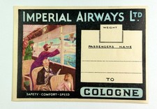 IMPERIAL AIRWAYS to Cologne - Airline Luggage Label/Sticker - 1925 - Near Mint picture