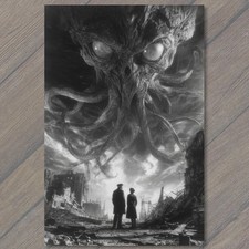 POSTCARD Cthulhu Lovecraft Horror Monster Tentacles Ruined City Black White picture