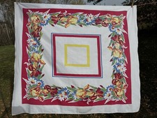 Vintage 1940S 50S Tablecloth White Red Yellow  Floral About 48x53.5” Cute ￼ picture