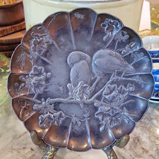 Antique Meiji Japan Repousse Metal  Plate Birds & Floral Deco Cottage Core picture