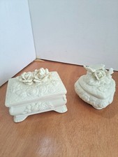 Vtg Ivory / White Porcelain Bisque Capodimonte Rose Trinket Box Set picture