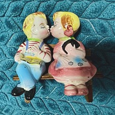 Japan Vintage Hand Painted Ceramic Kissing Boy Girl Salt Pepper Shakers Bench picture