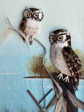 Vintage Feather Art Mixed Media Two Owls MCM Decor, Framed Boho, Cottage Core picture