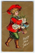 c1910's New Year Boys With Gifts Present Toys Embossed Unposted Antique Postcard picture
