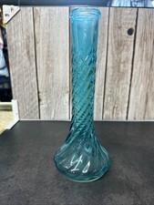 Vintage Aqua Swirl Glass Vase 9” Pressed Glass Teal Bud Vase MCM Style picture