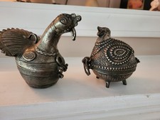 Vintage Hand  Cast Brass Dhokra Hinged Birds Trinket Boxes • Set Pair 2.9 Lbs z picture
