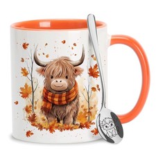Hyturtle Fall Highland Cow Maple Leave Coffee Mug with Spoon Gift For Women picture