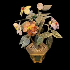 Vtg Semi Precious Stone Chinese Jade Bonsai Tree Carved Carnelian Amethyst Brass picture