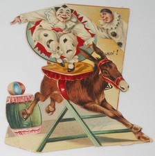 Vintage Die Cut Tucks Christmas Card~Clowns on Donkey w/Circus Theme picture