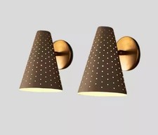 Pair Mid Century Modern Brass Wall Sconce Cone Shade Retro Wall Light Handmade picture