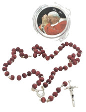 Pope John Paul II Rose Scented Wood Rosary Beads and Box, Made in Italy picture