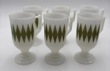 Federal Milk Glass Set Of 6 Footed Mugs Green Atomic Starburst Continental Cup picture