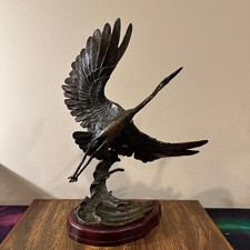 Vintage Burn Signed Bronze Crane Heron Bird Sculpture on Wood Base 12.5 Inch picture