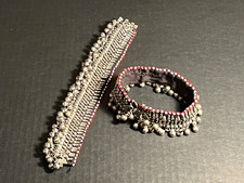 Set of Old Afghan Kochi Tribal Silver Colored Metal Beads & Bells Anklet Chains picture