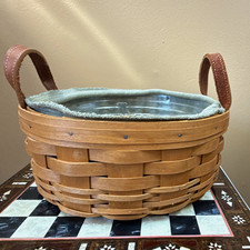 Longaberger 2004 Round Woven Storage Basket Leather Handles Liner Divider picture
