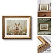WHASAYART Vintage Gold Framed Wildflower Meadow Cute Rabbit Canvas Wall Art picture